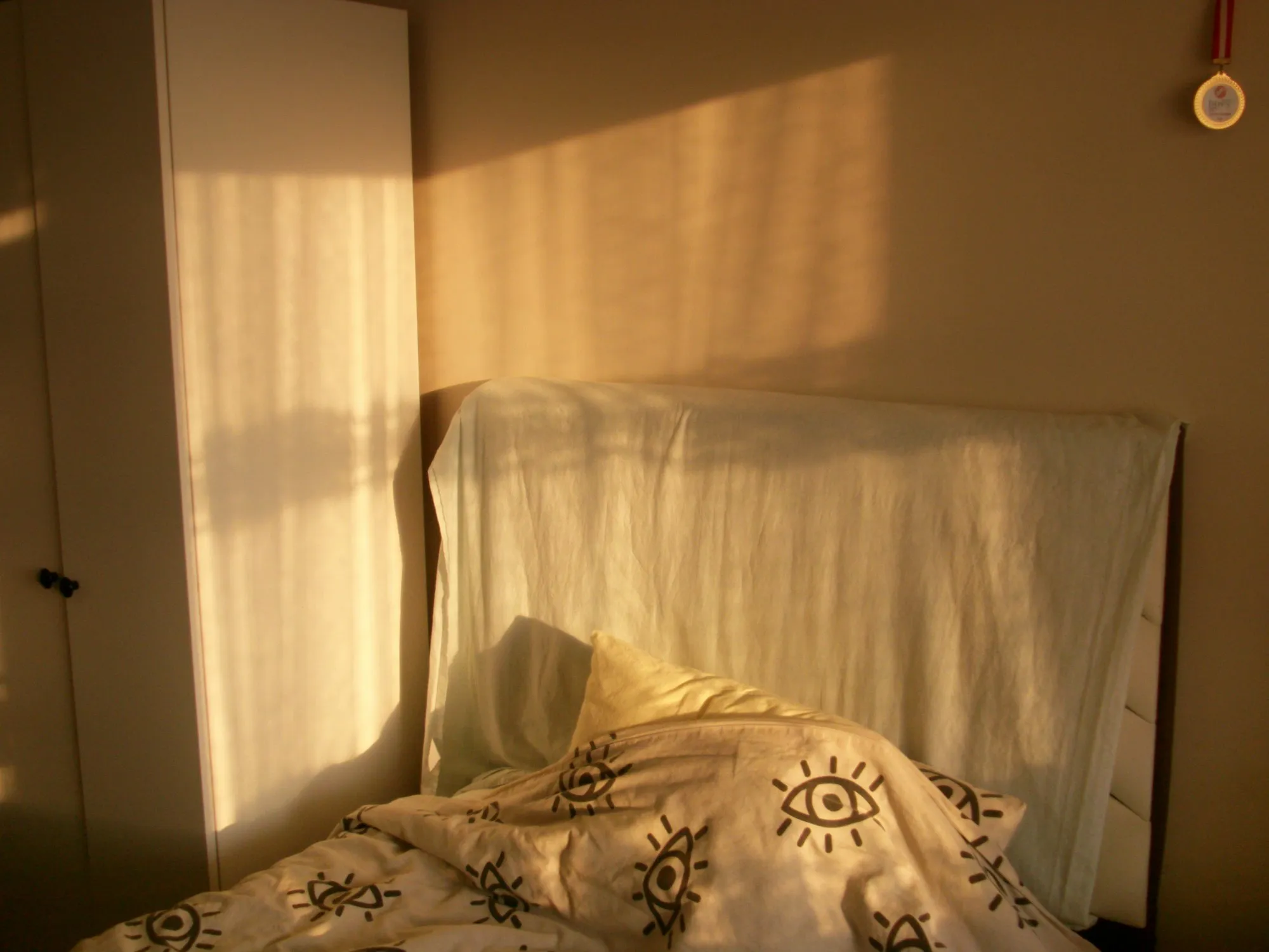 Warm evening sunlight across a bedroom wall and bed