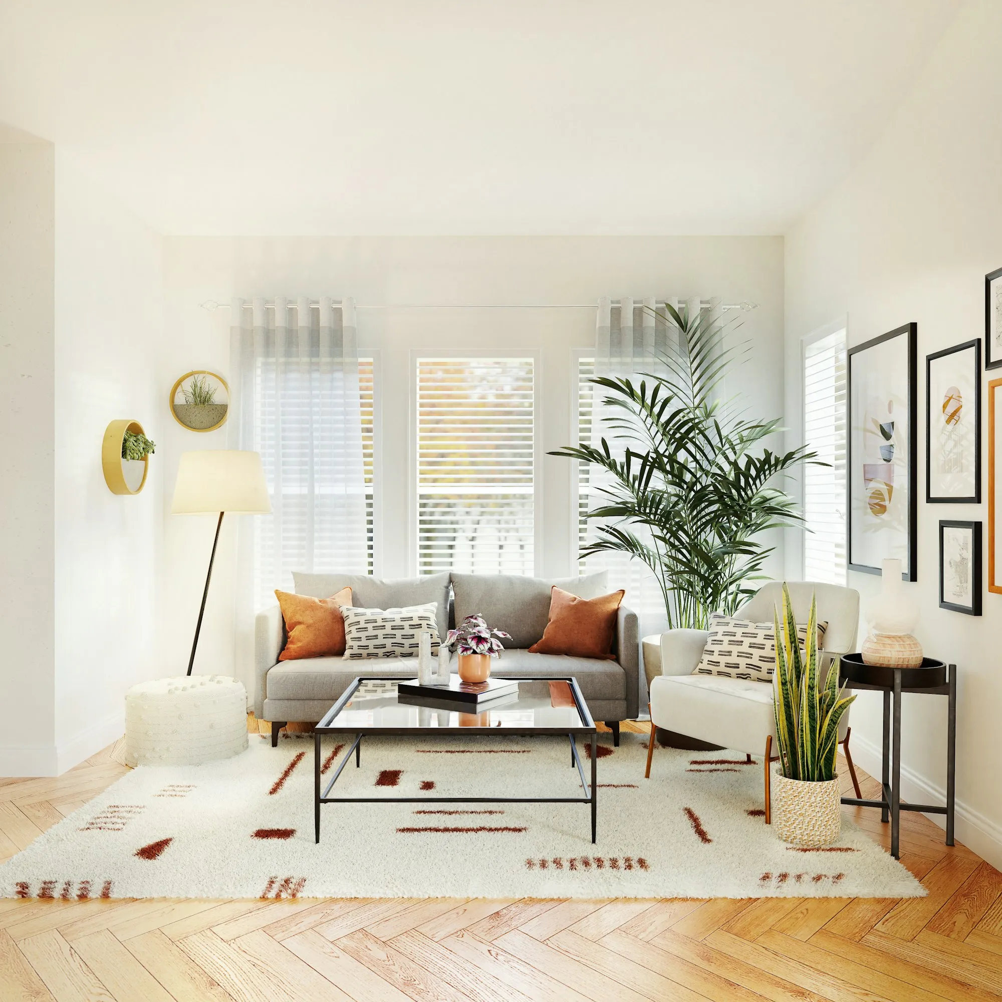 Bright living room with a cream sofa, rug, and plants